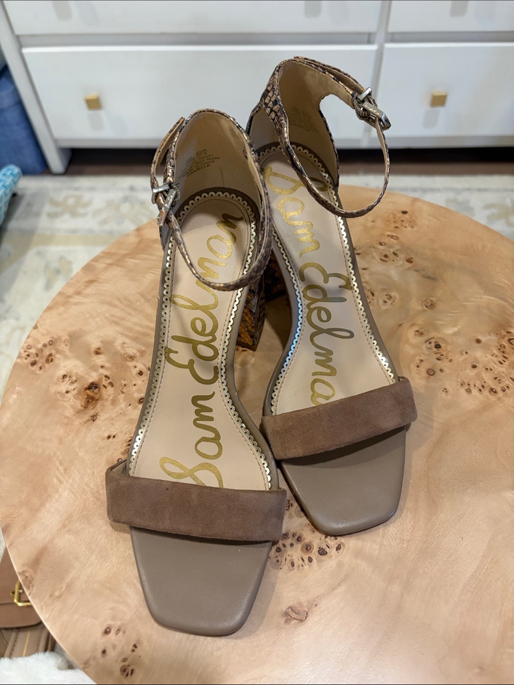 Sam Edelman Brown Suede & Snakeskin Block Heel Sandals